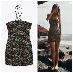 Zara Ruched Floral Tie Up Bodycon Mini Dress Size M NEW WITH TAG!